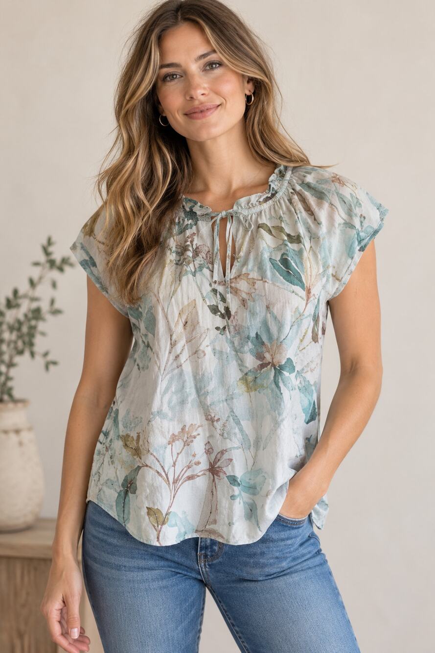 Parker watercolor floral blouse Medium cap sleeve button tie front